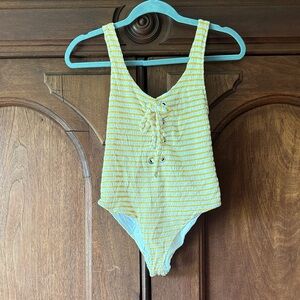 Yellow and White Striped Lace-Up One-Piece Swimsuit